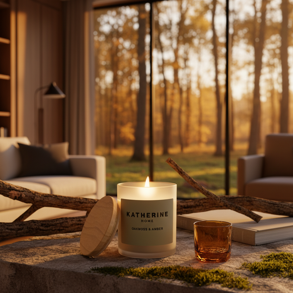 Candle with 'Katherine Home' branding on a table in a cozy living room with a view of trees.