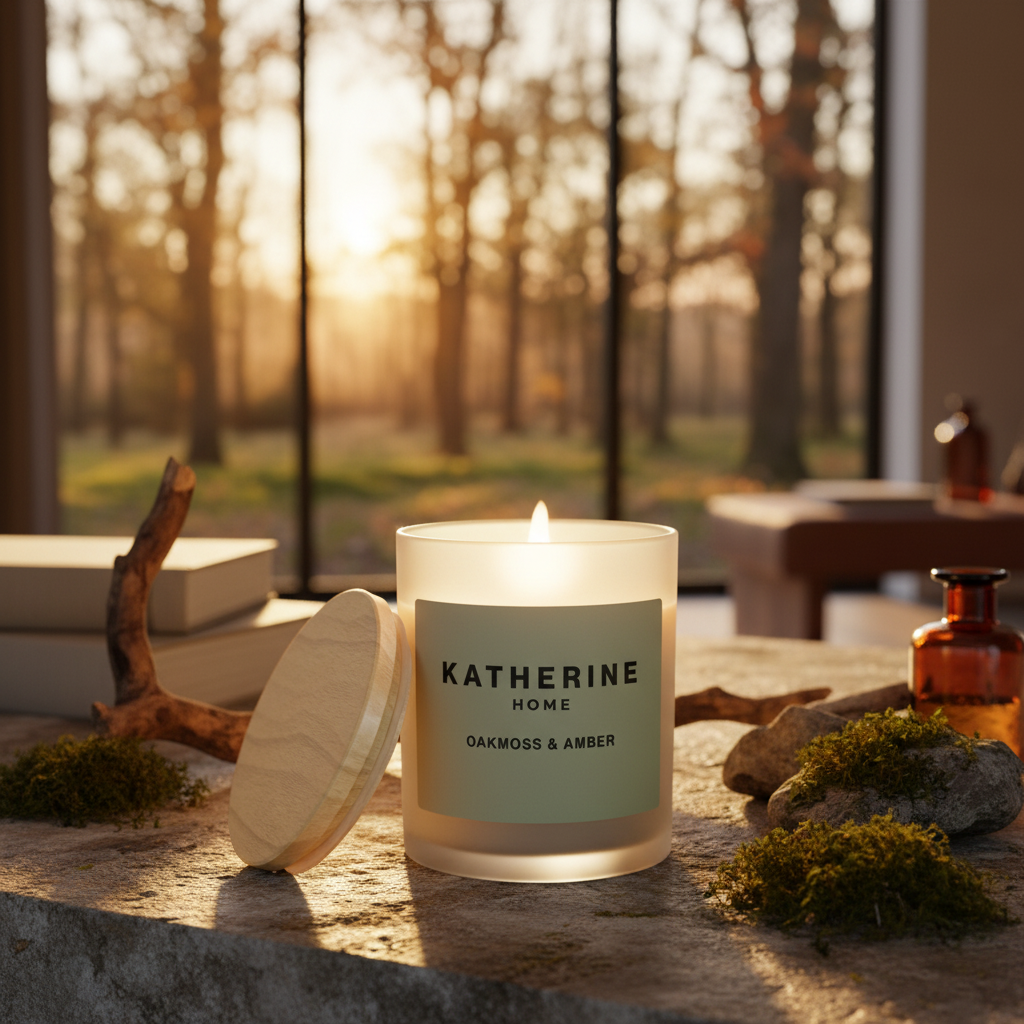 Candle with 'Katherine Home' label on a stone surface with a forest view in the background