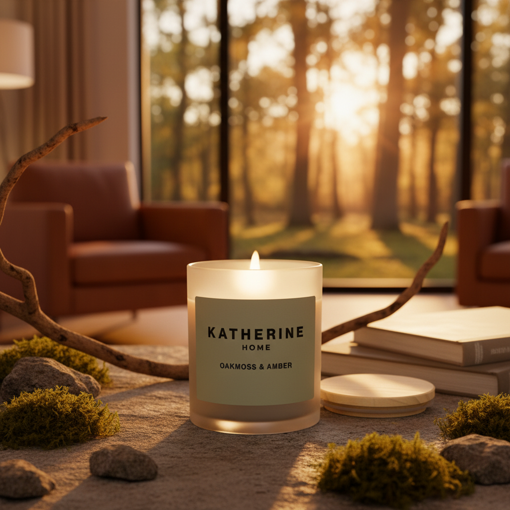Candle labeled 'Katherine Home' with a forest view in the background