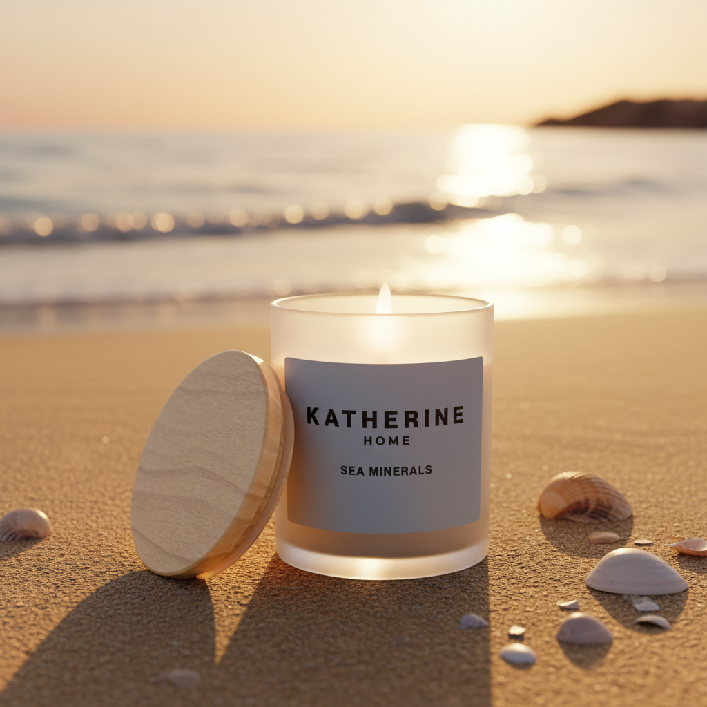 Candle labeled 'Katherine Home Sea Minerals' on a beach with sunset in the background