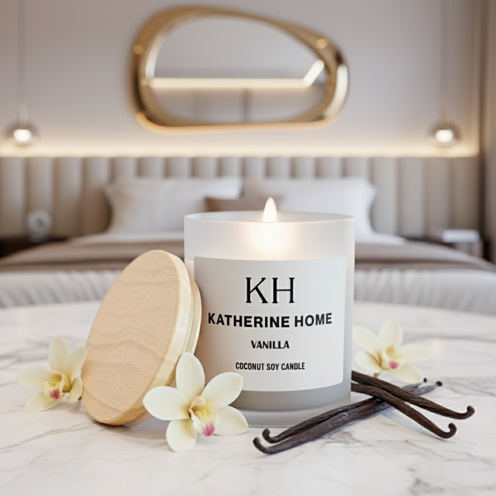 Candle labeled 'KH Katherine Home Vanilla' on a marble surface with flowers and vanilla beans.