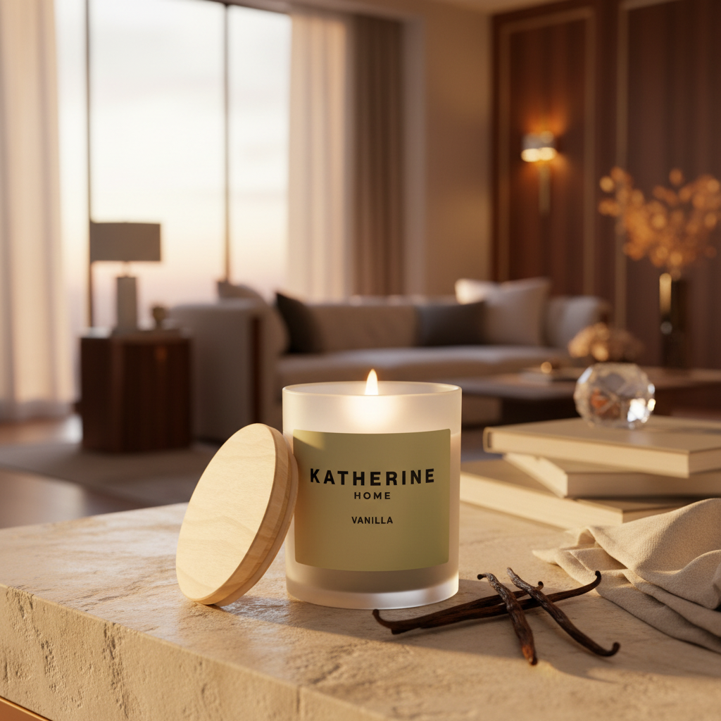 Candle labeled 'Katherine Home Vanilla' on a table with a cozy living room background