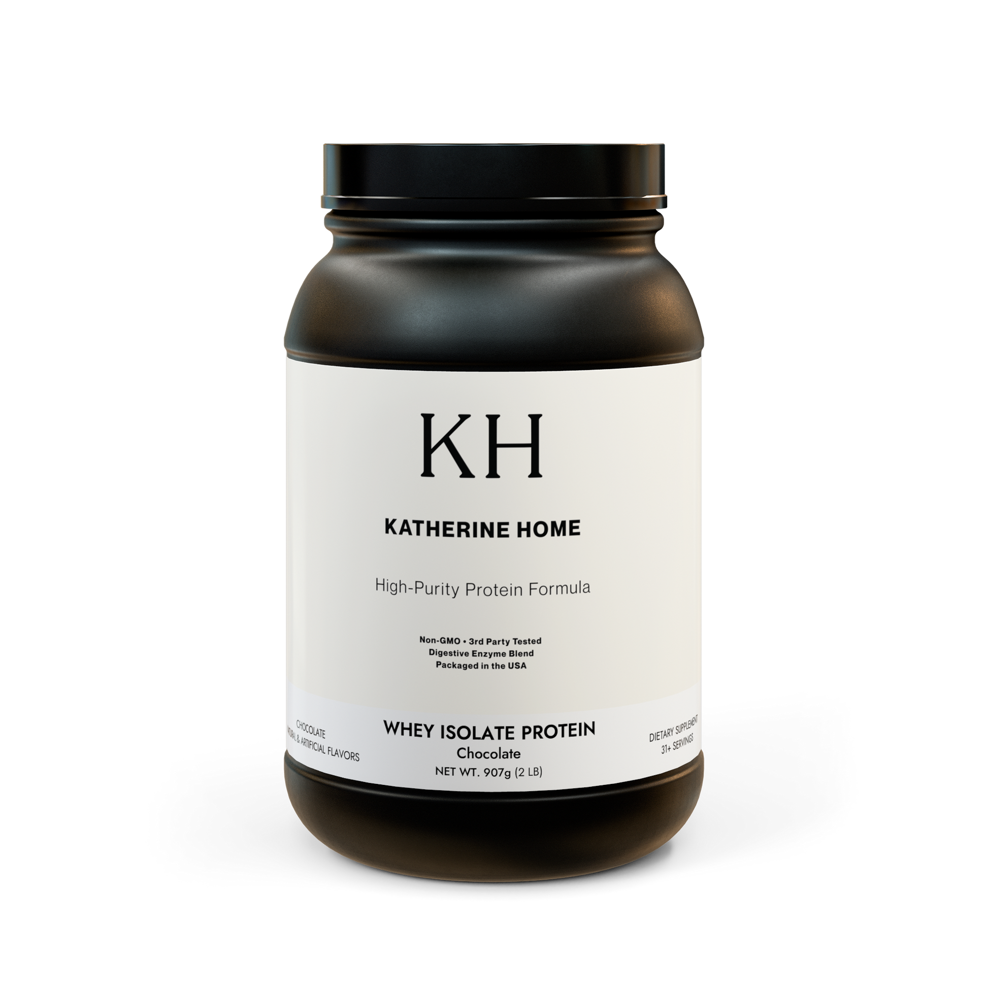 Black protein powder container with 'KH Katherine Home' label on a white background