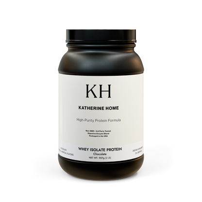 Black protein powder container with 'KH Katherine Home' label on a white background