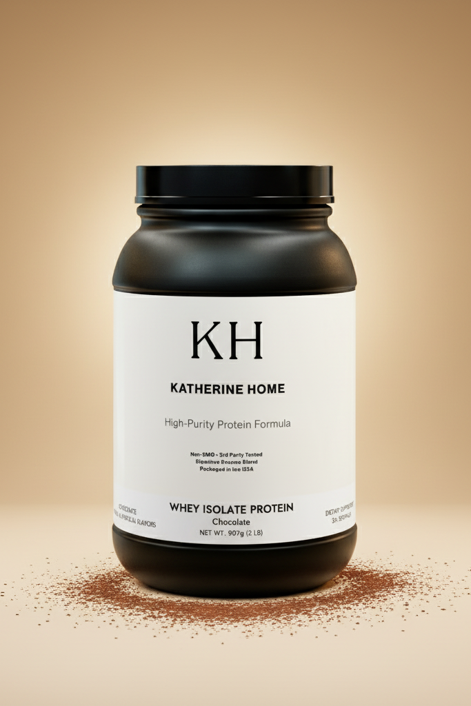 Black container of Katherine Home whey isolate protein on a beige background