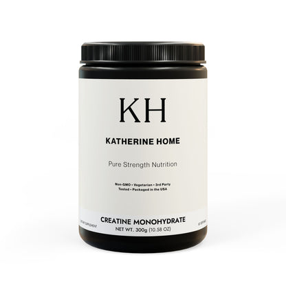 Katherine Home Creatine Monohydrate — minimalist black and white supplement jar with clean label design reading Pure Strength Nutrition.
