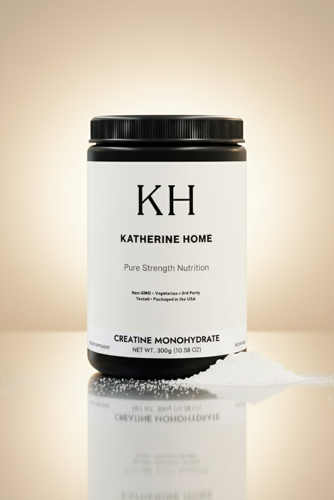 Katherine Home supplement container on a beige background