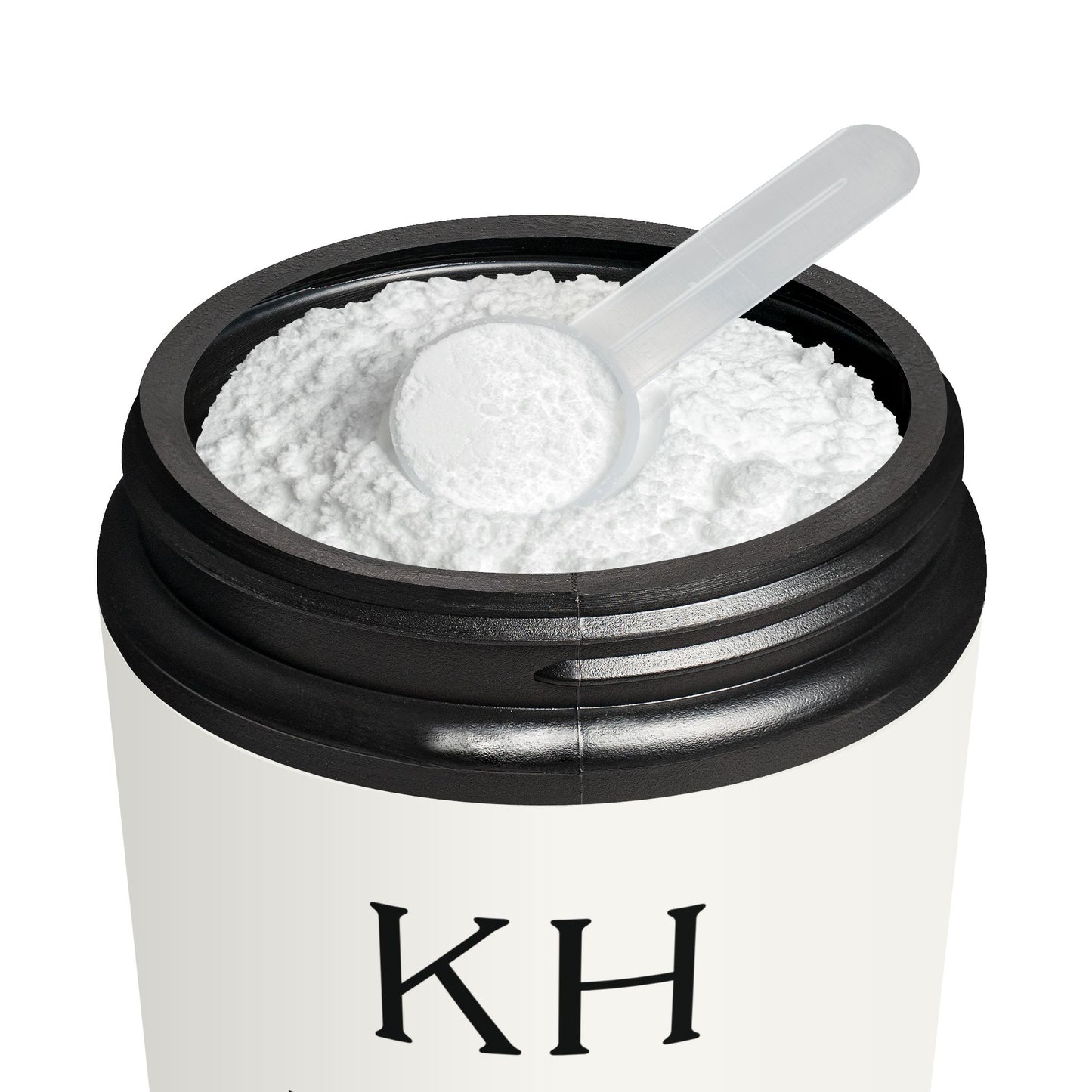 Open jar of Katherine Home Creatine Monohydrate with included white scoop, showing fine white powder and black matte lid.