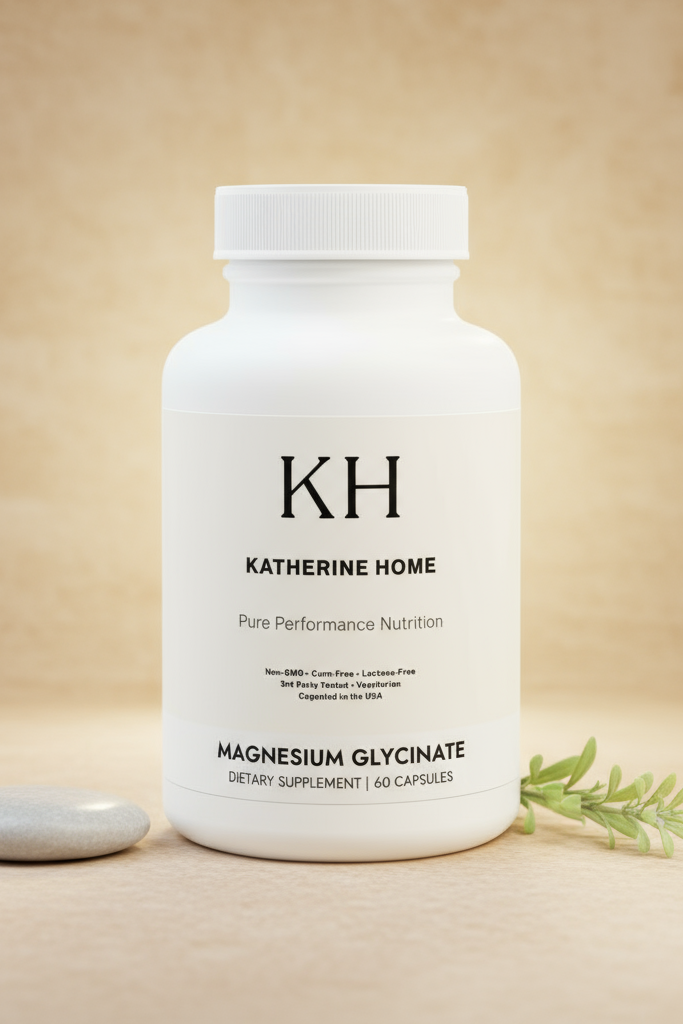 White supplement bottle labeled 'KH Katherine Home' on a beige background