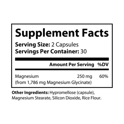 Supplement Facts label for Katherine Home Magnesium Glycinate – 250mg magnesium from 1,786mg glycinate per serving.