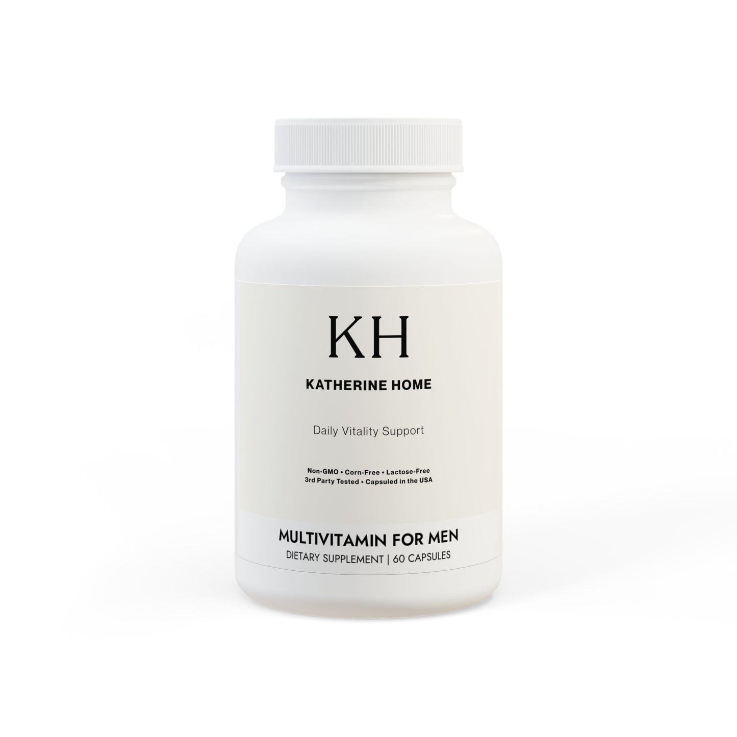 KH Multivitamin for Men Supplement, 60 Capsules, minimalist white bottle with Daily Vitality Support label in black text, photographed on a clean white background.