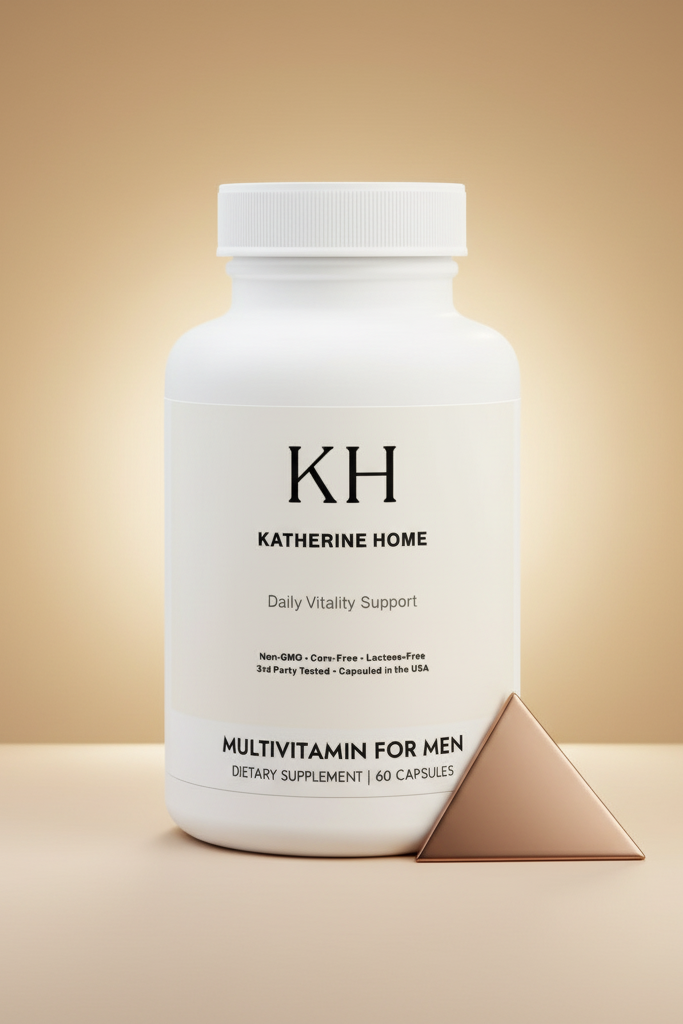 White supplement bottle labeled 'KH Katherine Home' on a beige background
