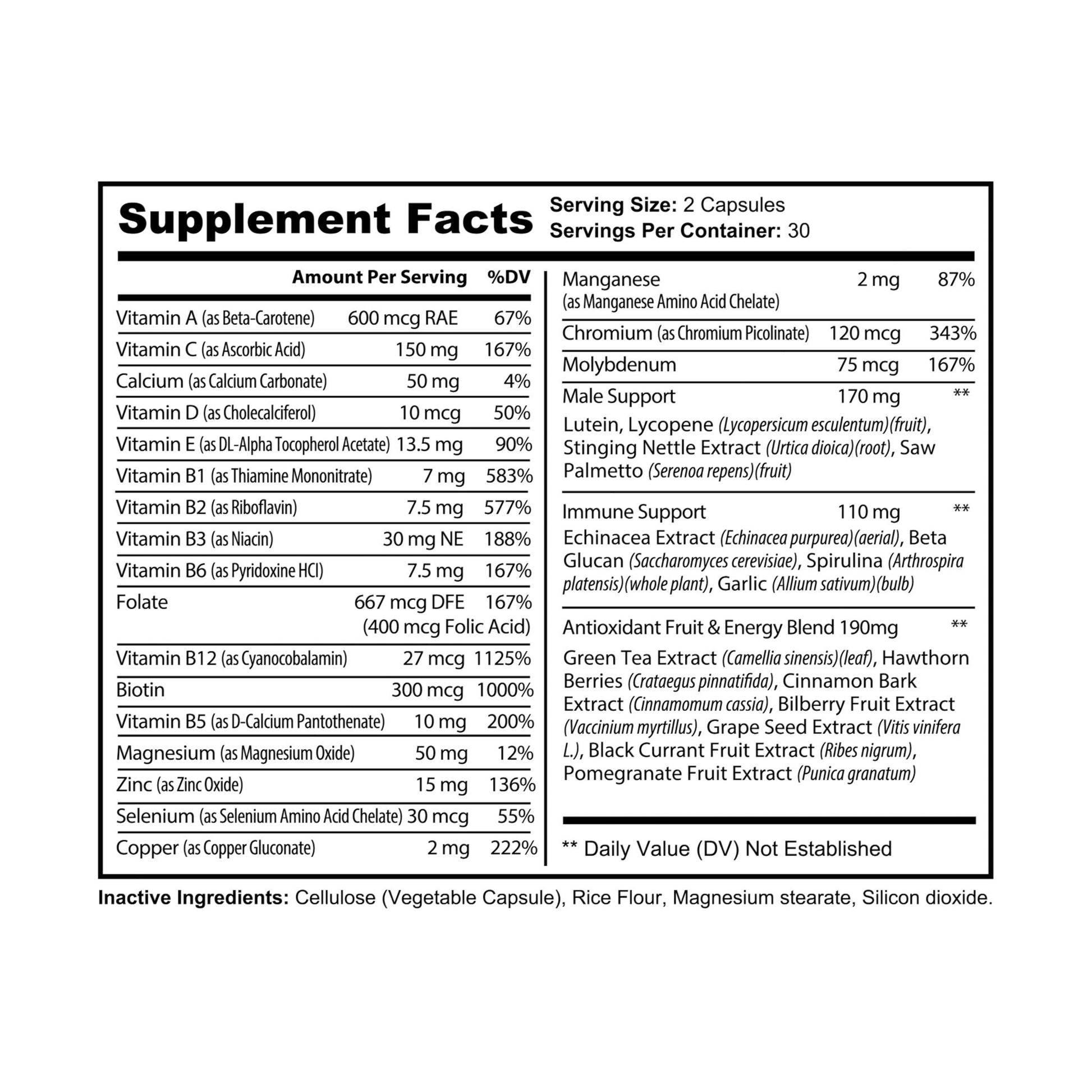 Supplement Facts panel for KH Multivitamin for Men showing detailed vitamin and mineral content per serving and additional male support blend information.