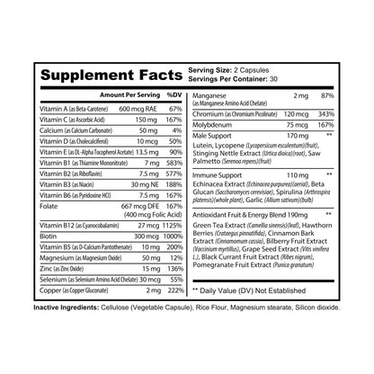 Supplement Facts panel for KH Multivitamin for Men showing detailed vitamin and mineral content per serving and additional male support blend information.