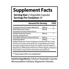 Supplement Facts panel for Katherine Home Mushroom Blend Supplement showing Cordyceps, Reishi, Shiitake, and Lion’s Mane extracts.