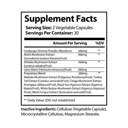 Supplement Facts panel for Katherine Home Mushroom Blend Supplement showing Cordyceps, Reishi, Shiitake, and Lion’s Mane extracts.