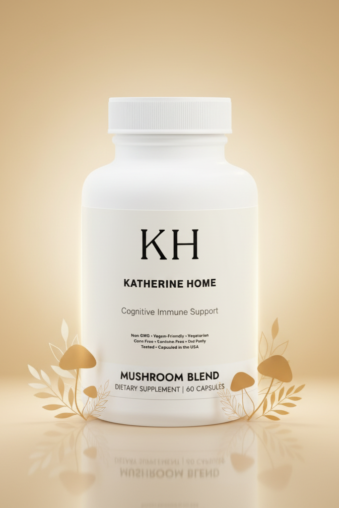 White supplement bottle labeled 'Katherine Home' on a beige background