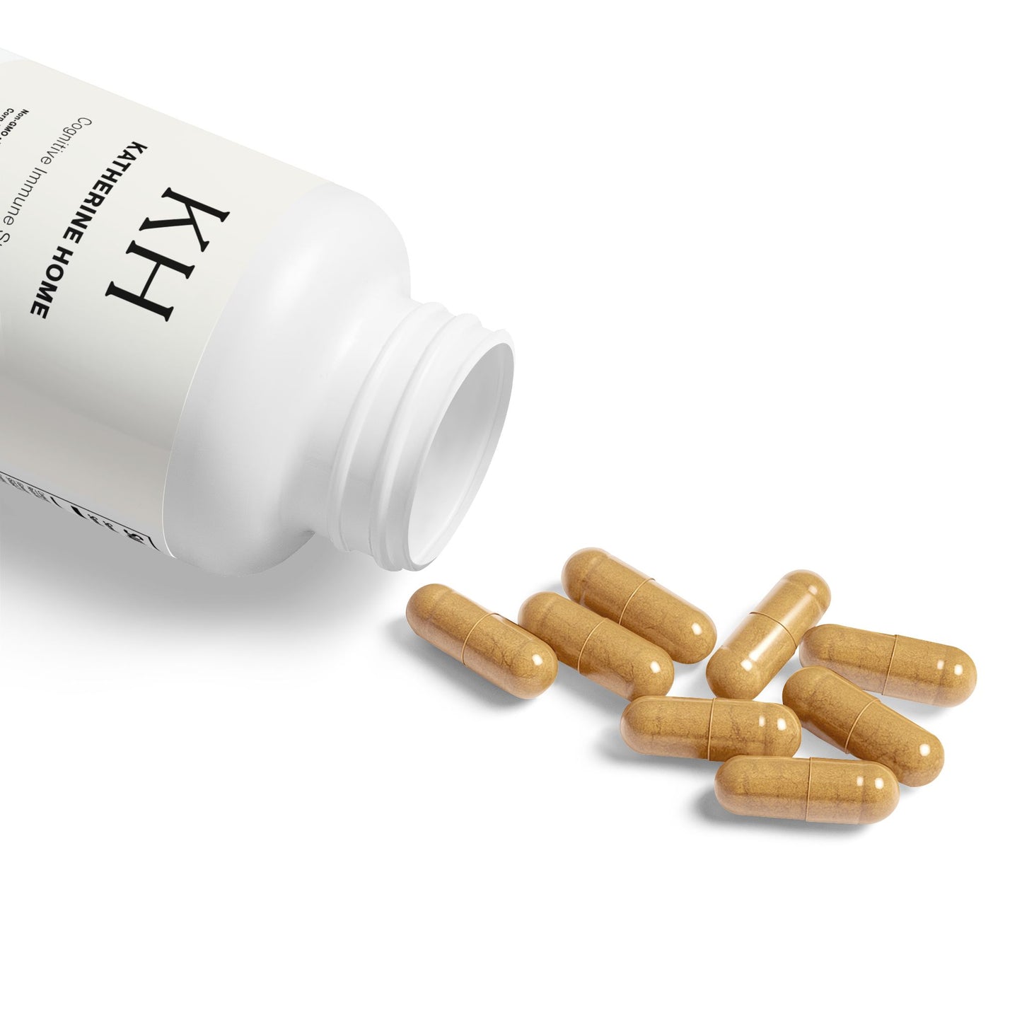 Open KH Mushroom Blend Supplement bottle with capsules and a scoop placed beside the container.