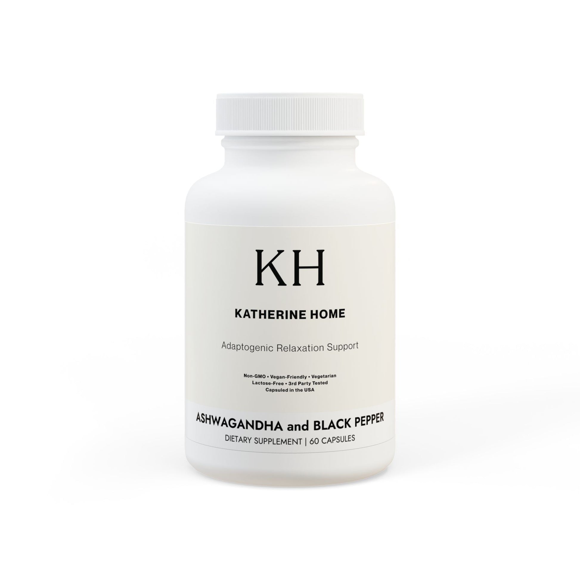 Front view of Katherine Home Ashwagandha and Black Pepper Supplement bottle with minimalist white label and black text design.