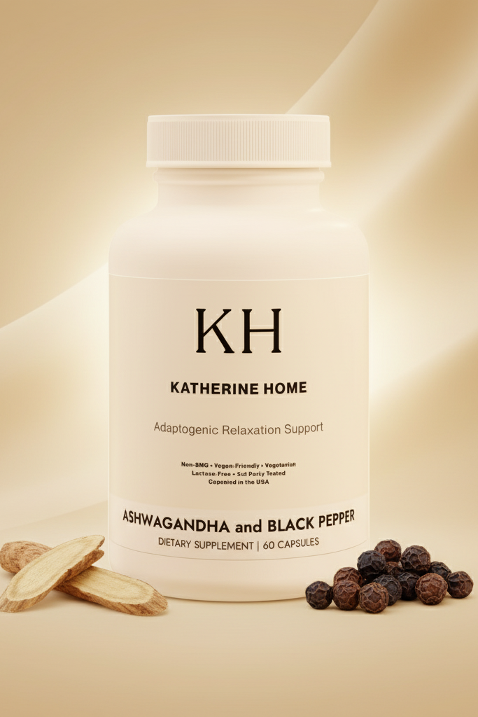 Supplement bottle labeled 'KH Katherine Home' with ashwagandha and black pepper on a beige background