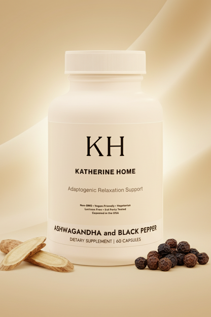 Supplement bottle labeled 'KH Katherine Home' with ashwagandha and black pepper on a beige background
