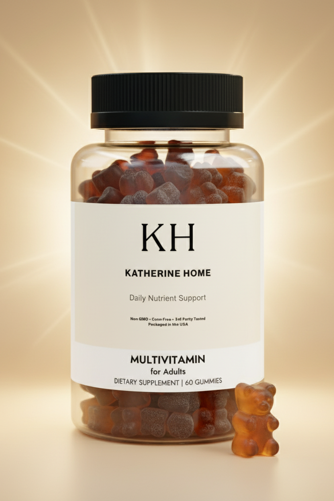 Multivitamin gummy bears in a bottle labeled 'Katherine Home' on a beige background