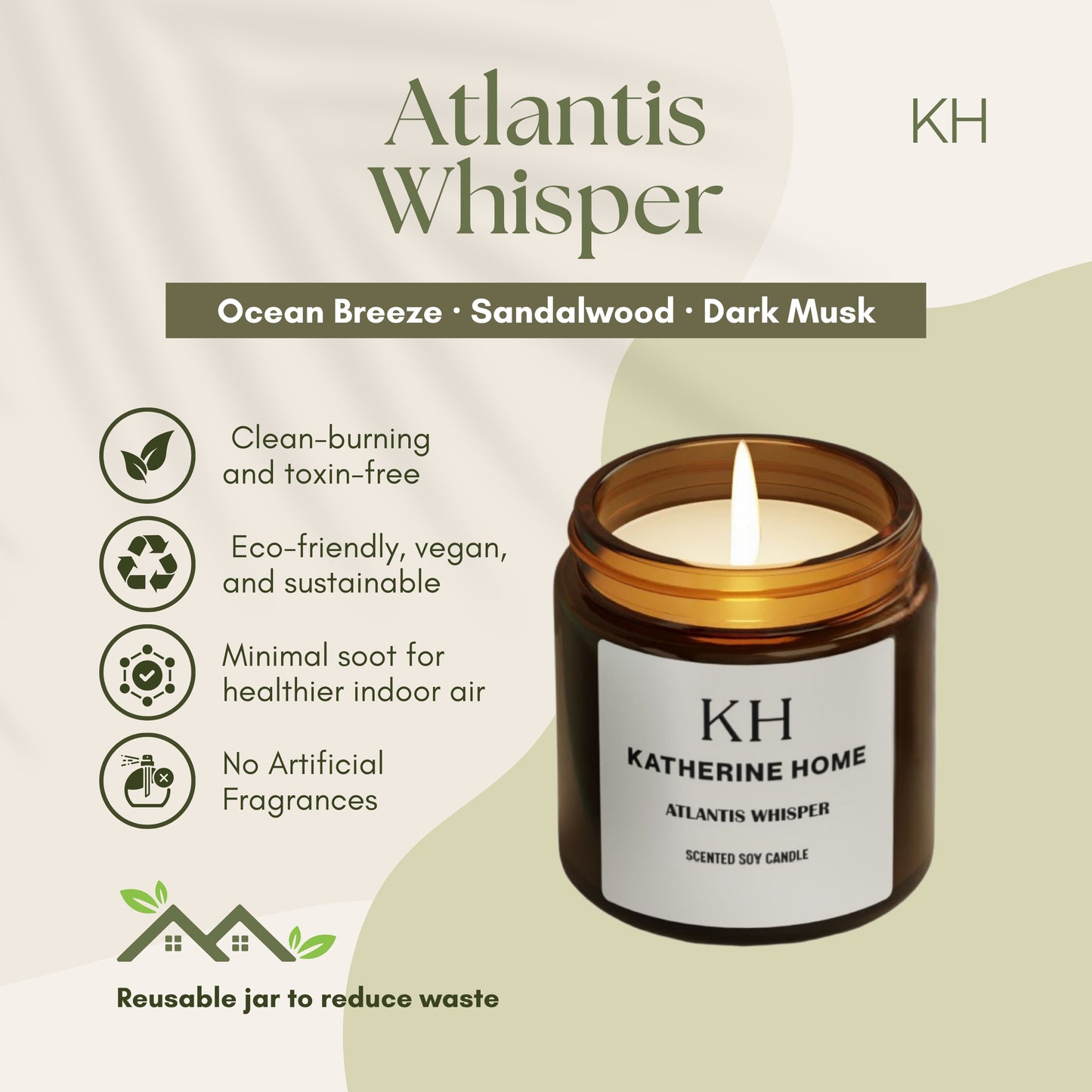 Atlantis Whisper scented soy candle 4oz with ocean breeze, sandalwood, and dark musk. Eco-friendly, clean-burning, reusable jar.