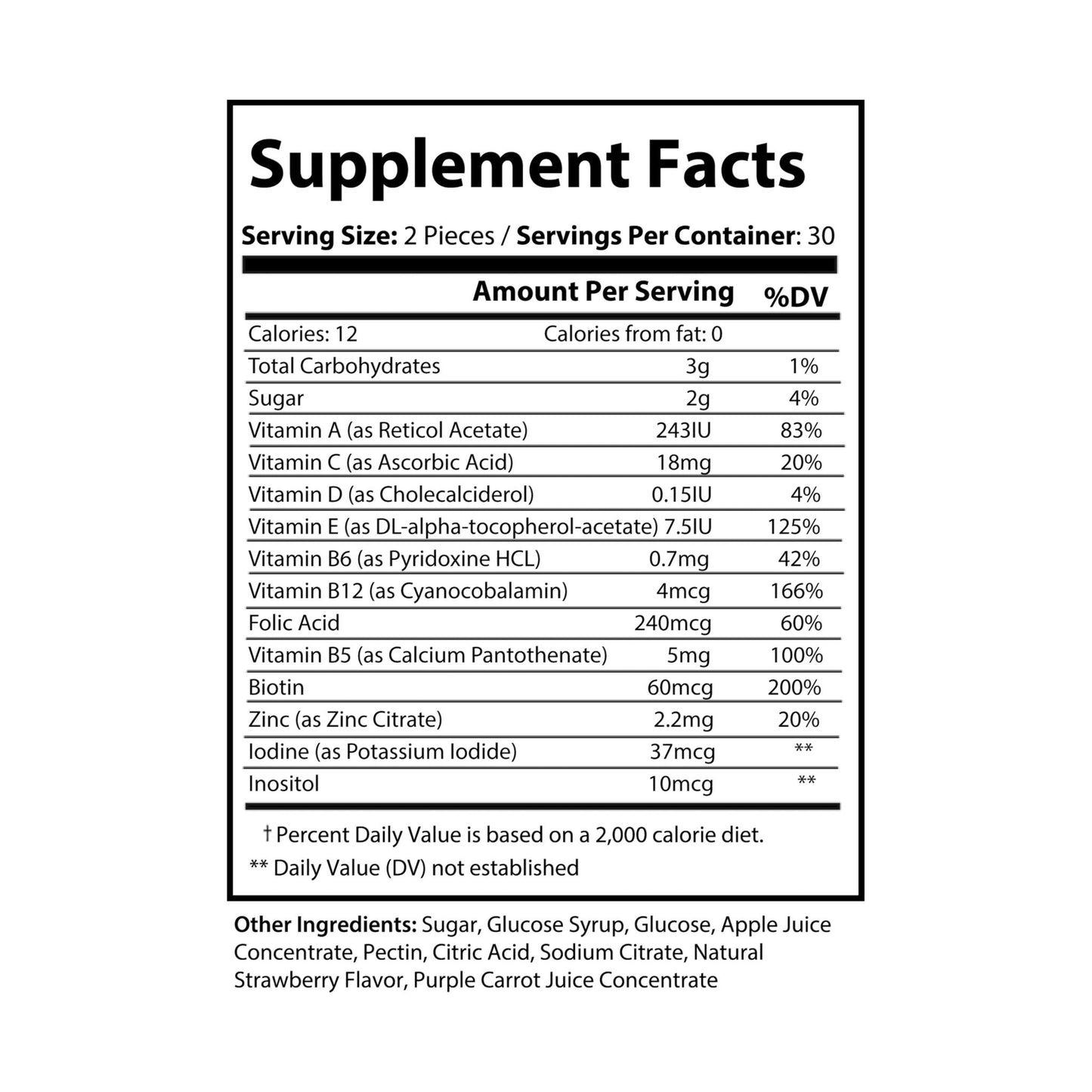 Supplement facts panel showing ingredient list and dosage information for Katherine Home Multivitamin Gummies for Adults.