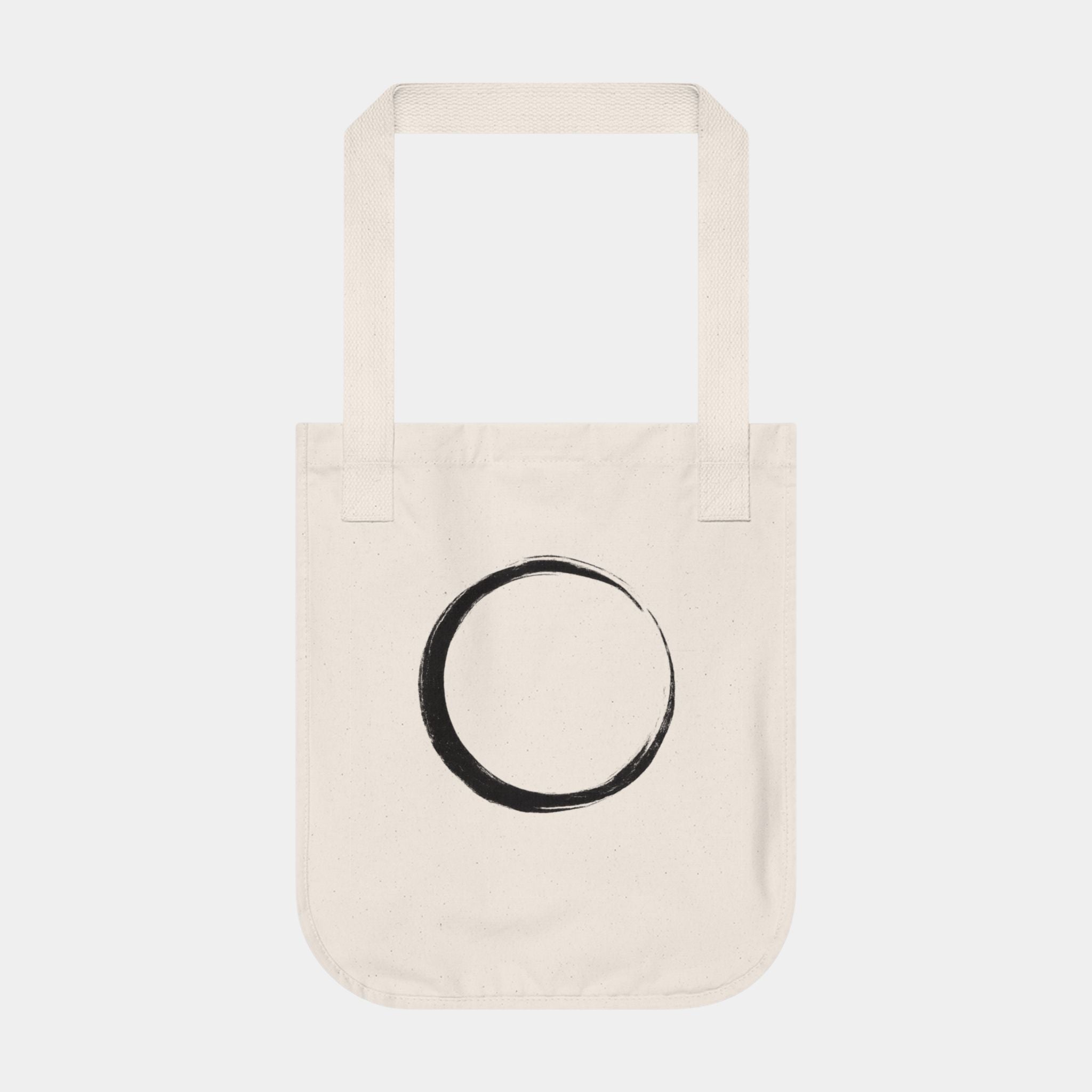 Natural canvas tote with circle print and two top handles
