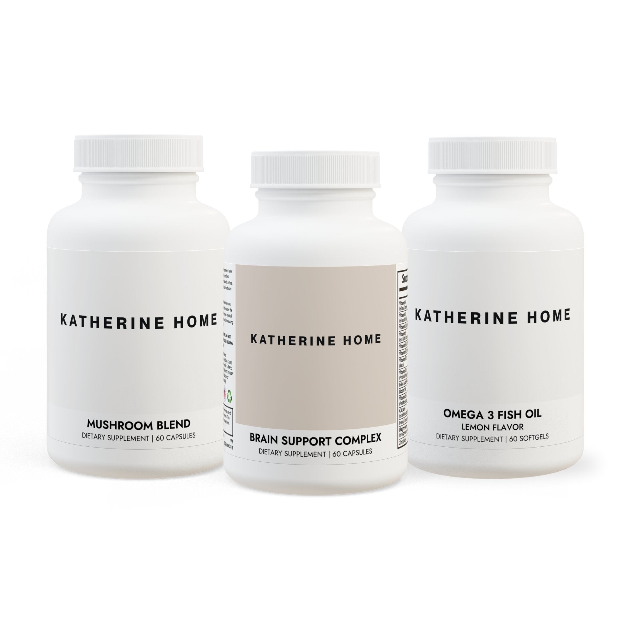 Three bottles of Katherine Home supplements on a white background