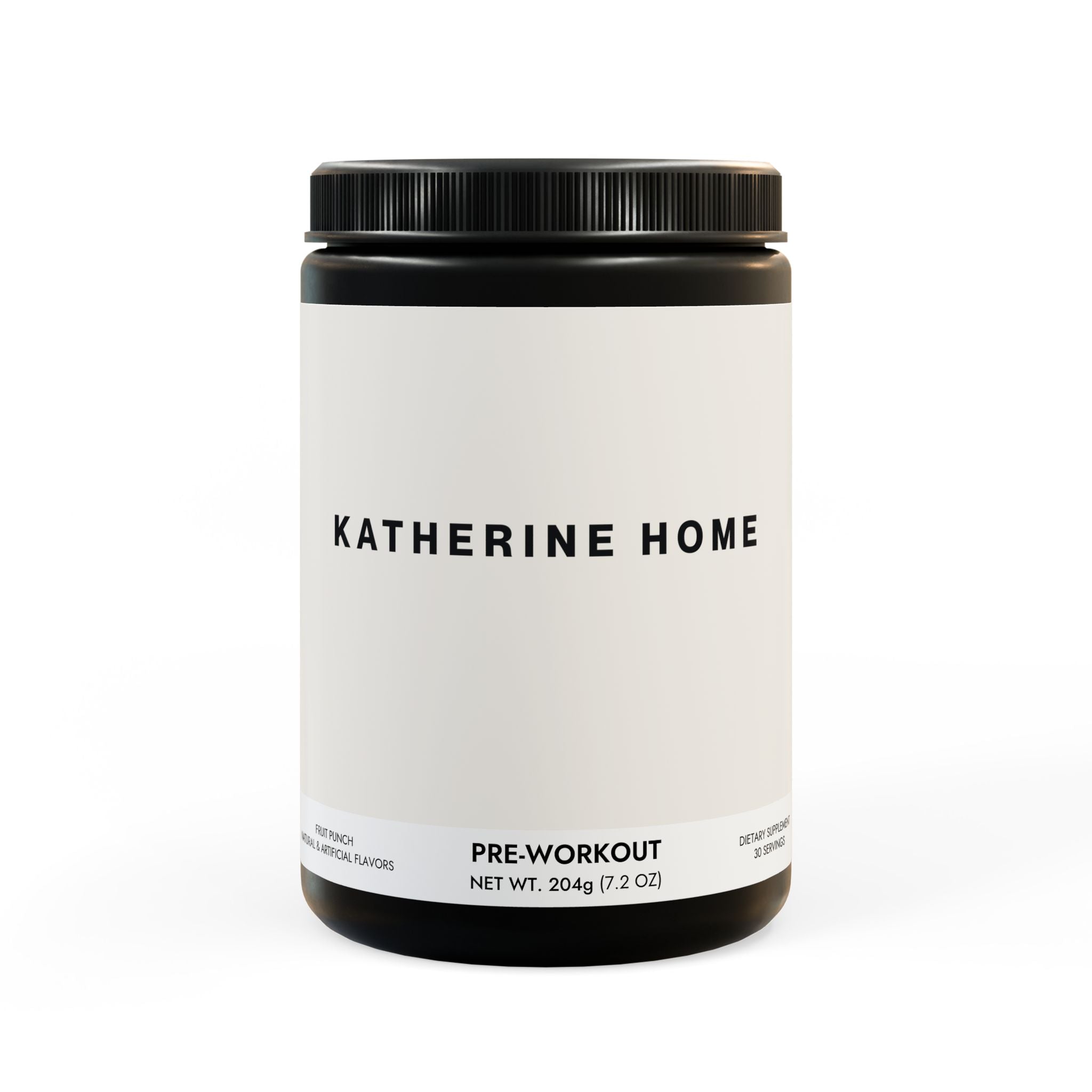 Katherine Home pre-workout supplement container on a white background