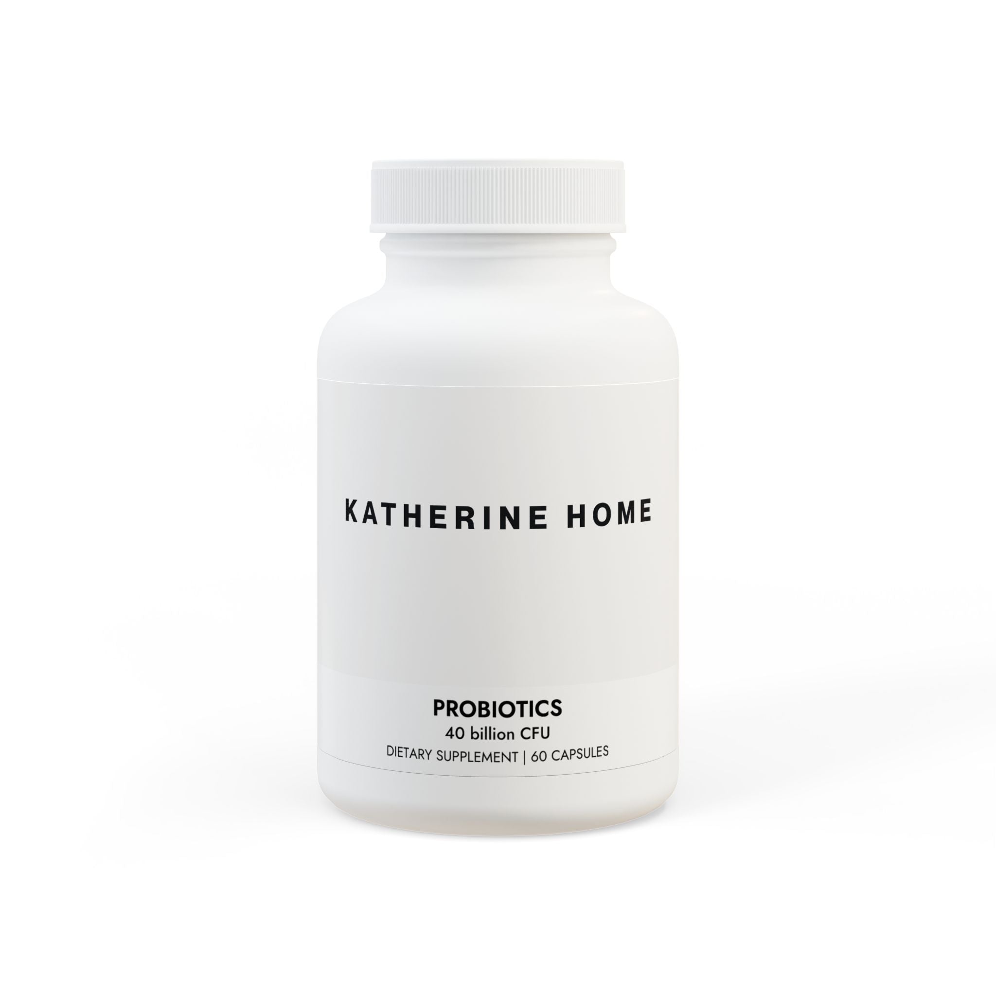 White supplement bottle labeled 'Katherine Home' on a white background