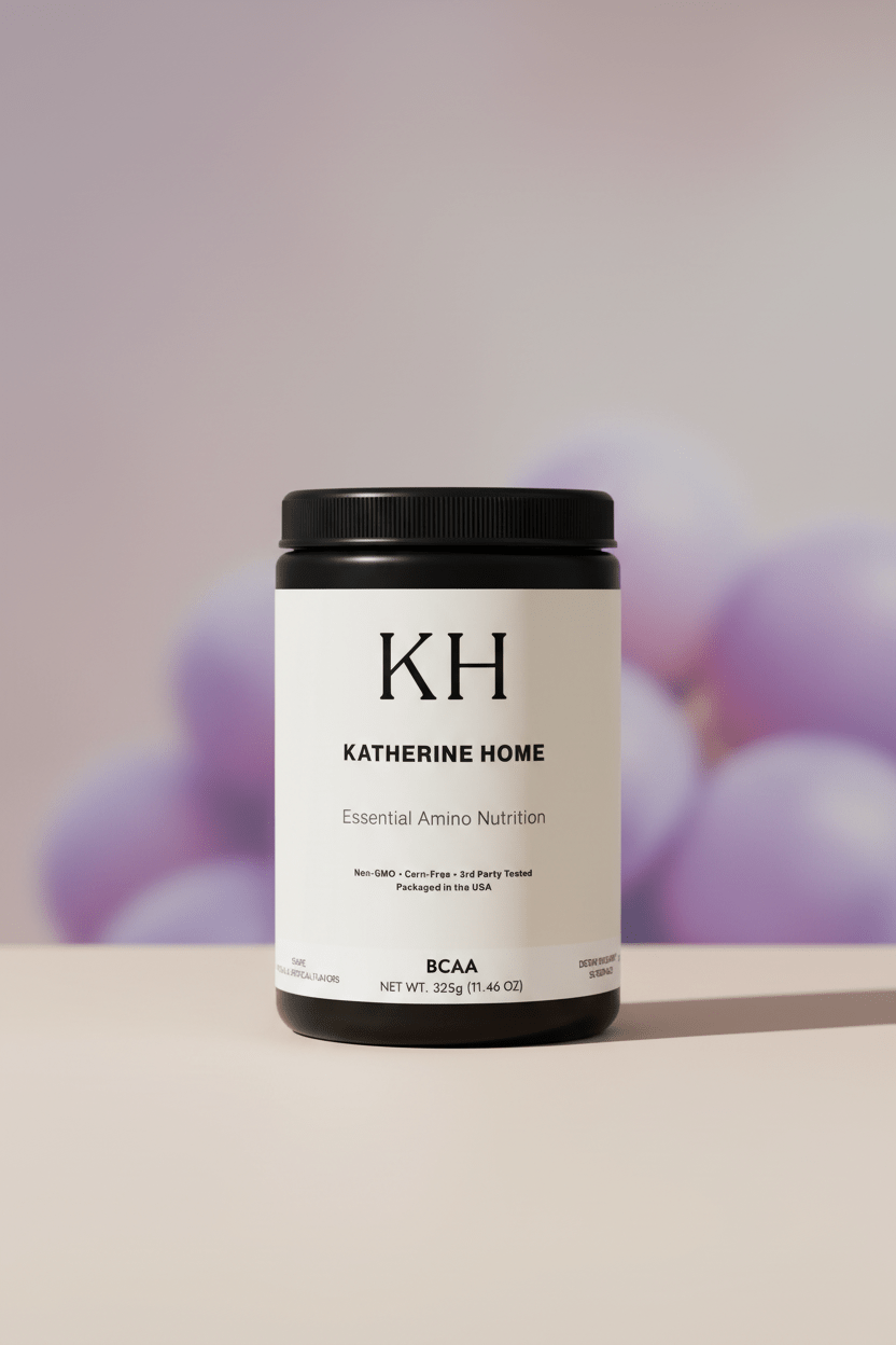 BCAA Supplement, Grape - KATHERINE HOMEFood SupplementsKATHERINE HOMEKATHERINE HOMEKatherine Home BCAA Grape supplement set against a soft grape - toned background, creating a refined and calming flavor - inspired lifestyle image.