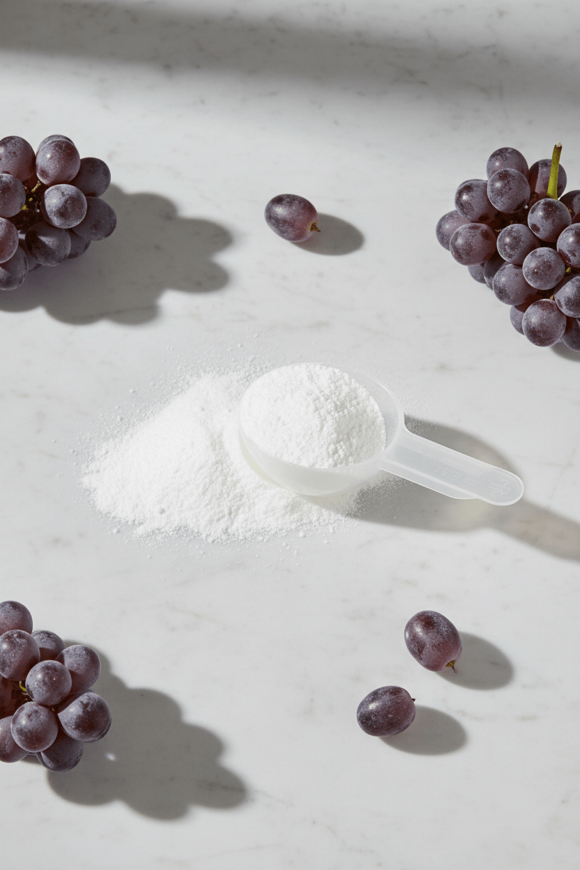 BCAA Supplement, Grape - KATHERINE HOMEFood SupplementsKATHERINE HOMEKATHERINE HOMEWhite scoop filled with fine BCAA powder beside the Katherine Home BCAA Grape supplement, accented with fresh grapes on a light stone surface.