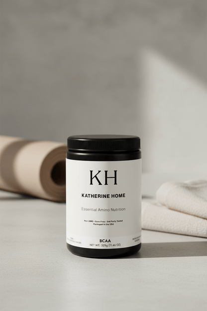 BCAA Supplement, Grape - KATHERINE HOMEFood SupplementsKATHERINE HOMEKATHERINE HOMEKatherine Home BCAA Grape supplement photographed in a serene recovery - inspired lifestyle scene with neutral tones and soft shadows.