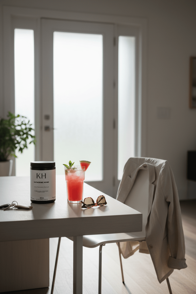 BCAA Supplement, Watermelon - KATHERINE HOMEFood SupplementsKATHERINE HOMEKATHERINE HOMEGlass of BCAA Watermelon drink beside Katherine Home supplement on a sunlit entryway table.