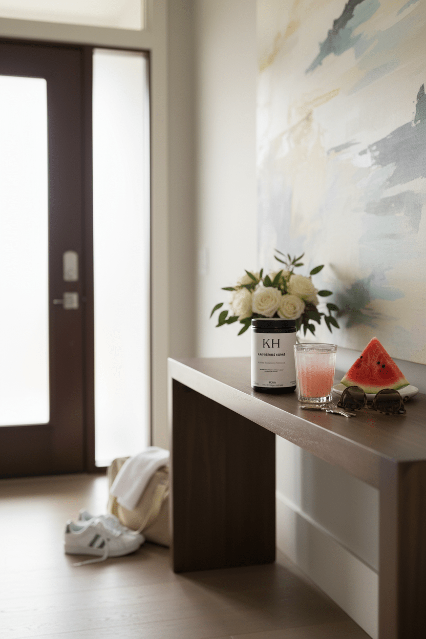 BCAA Supplement, Watermelon - KATHERINE HOMEFood SupplementsKATHERINE HOMEKATHERINE HOMEBCAA Watermelon supplement by Katherine Home styled on an entryway console with fresh watermelon and daylight.