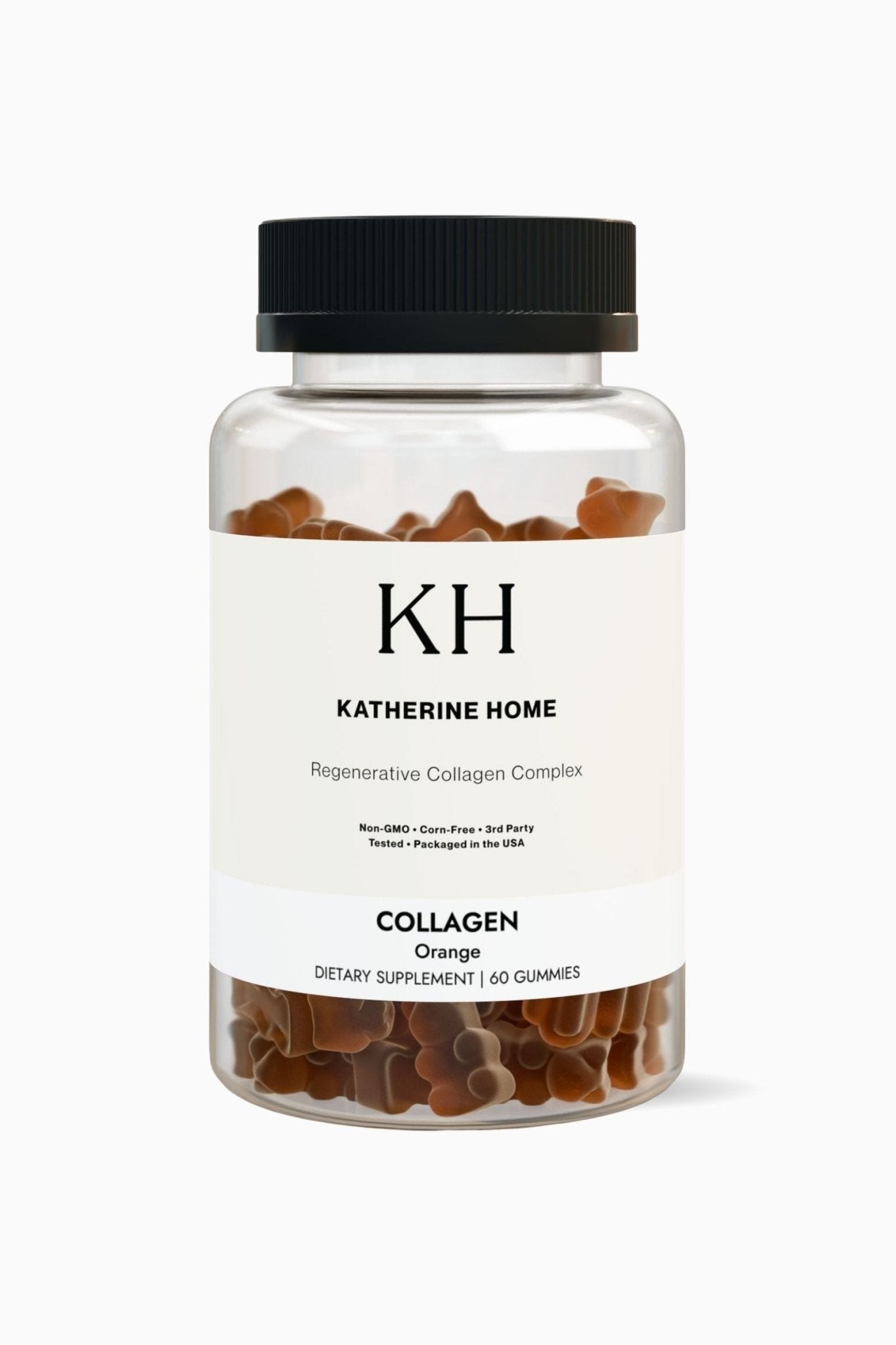 Collagen Gummies, Orange - KATHERINE HOMEFood SupplementsKATHERINE HOMEKATHERINE HOMEKatherine Home Collagen Gummies in orange flavor, supplement container, clean minimalist product hero image.