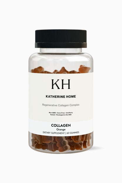 Collagen Gummies, Orange - KATHERINE HOMEFood SupplementsKATHERINE HOMEKATHERINE HOMEKatherine Home Collagen Gummies in orange flavor, supplement container, clean minimalist product hero image.