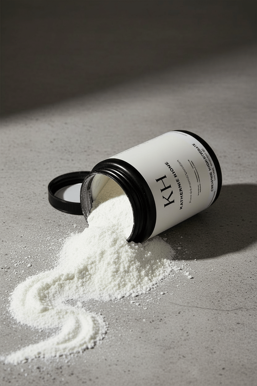 Creatine Monohydrate Supplement - KATHERINE HOMEFood SupplementsKATHERINE HOMEKATHERINE HOMEOpen jar of Katherine Home Creatine Monohydrate with fine white powder gently spilled onto a stone surface in a clean editorial setting.