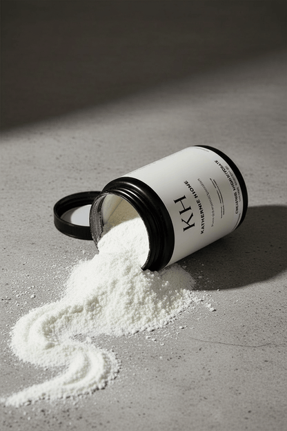 Creatine Monohydrate Supplement - KATHERINE HOMEFood SupplementsKATHERINE HOMEKATHERINE HOMEOpen jar of Katherine Home Creatine Monohydrate with fine white powder gently spilled onto a stone surface in a clean editorial setting.