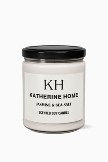 Jasmine & Sea Salt - KATHERINE HOMEHome DecorKATHERINE HOMEKATHERINE HOMEKatherine Home Jasmine & Sea Salt clean soy candle in a minimalist glass jar, product hero image.