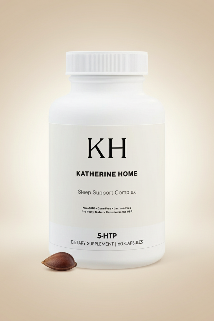 Supplement bottle labeled 'Katherine Home' on a beige background