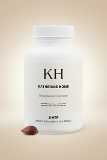 Supplement bottle labeled 'Katherine Home' on a beige background