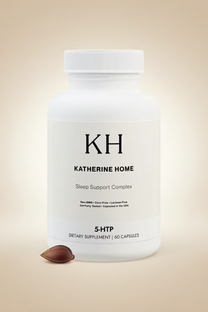 Supplement bottle labeled 'Katherine Home' on a beige background