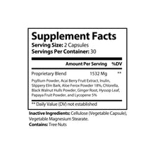 Supplement Facts label for Acai Berry Complex showing 1532 mg proprietary blend with acai berry, psyllium, aloe, chlorella, and other natural ingredients.