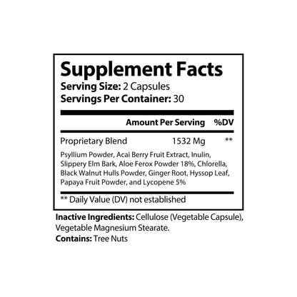 Supplement Facts label for Acai Berry Complex showing 1532 mg proprietary blend with acai berry, psyllium, aloe, chlorella, and other natural ingredients.