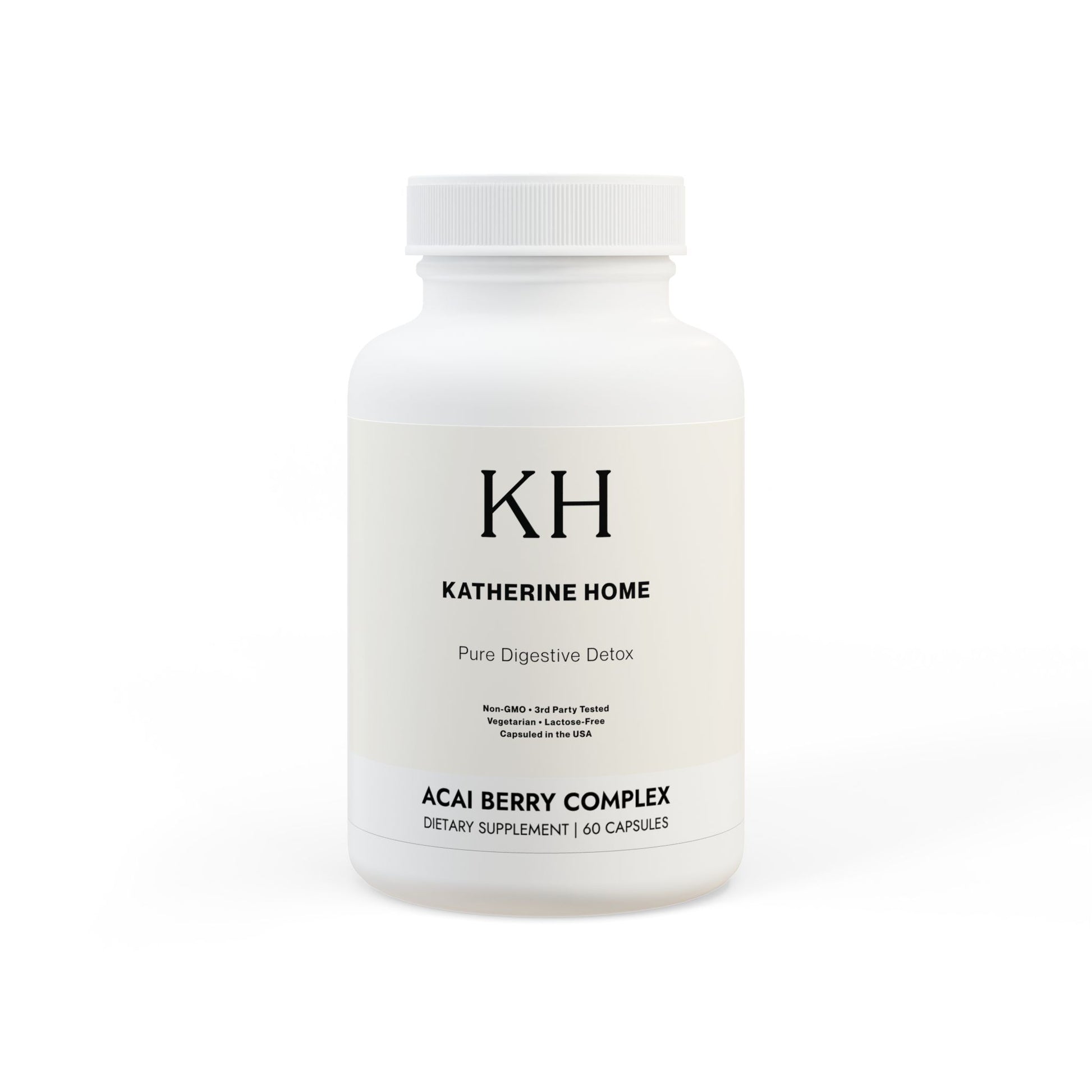 Front view of Katherine Home Acai Berry Complex Supplement bottle with minimalist white label design.