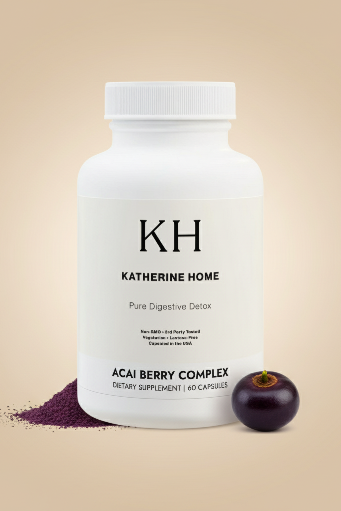 Supplement bottle labeled 'KH Katherine Home' with acai berry on beige background