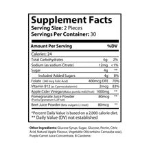 Supplement Facts panel for Katherine Home Apple Cider Vinegar Gummies showing nutrients, vitamins, and key ingredients per serving.